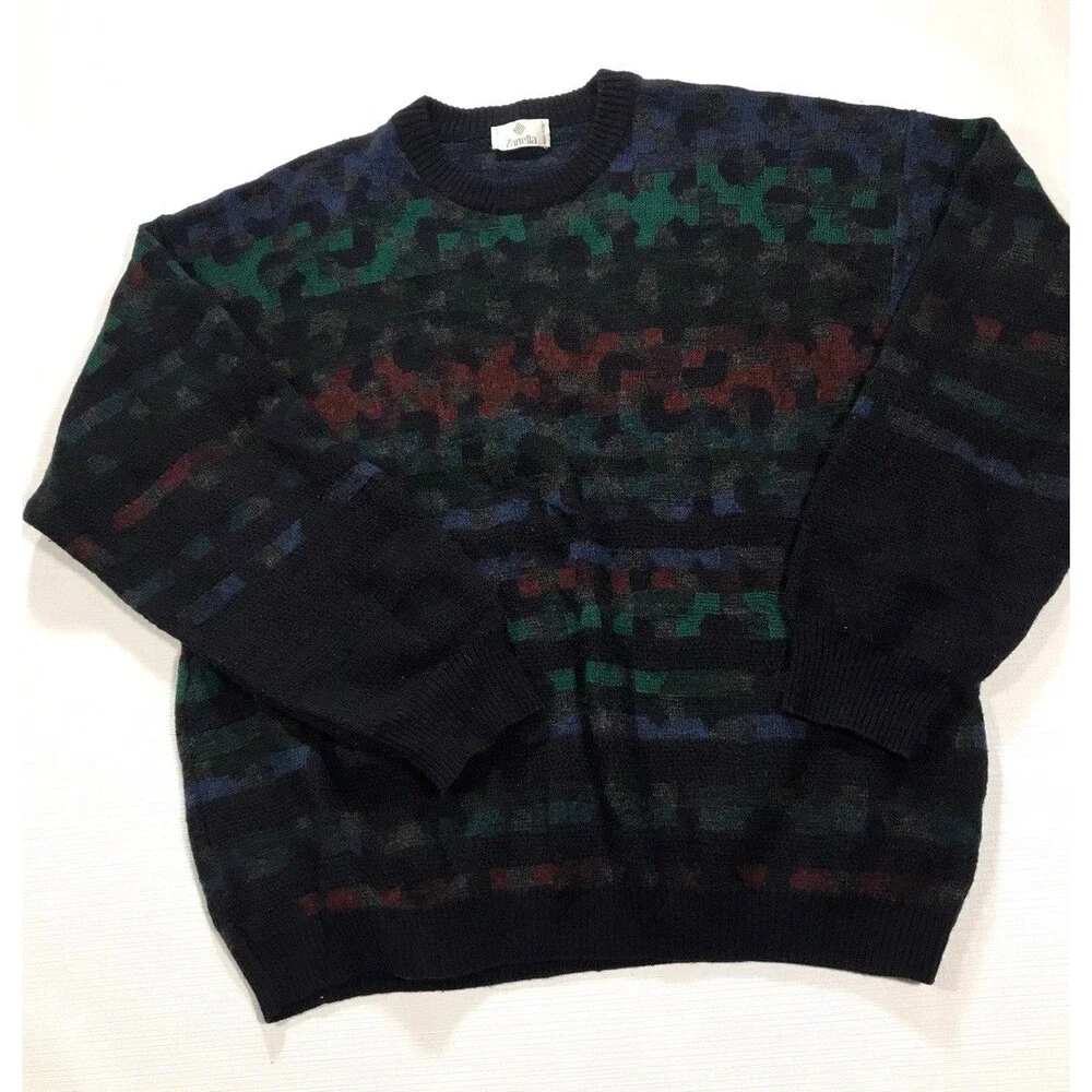 VTG Zanella Wool Blend Sweater 90s Mens Small Made ITALY Geometric Knit Pullover